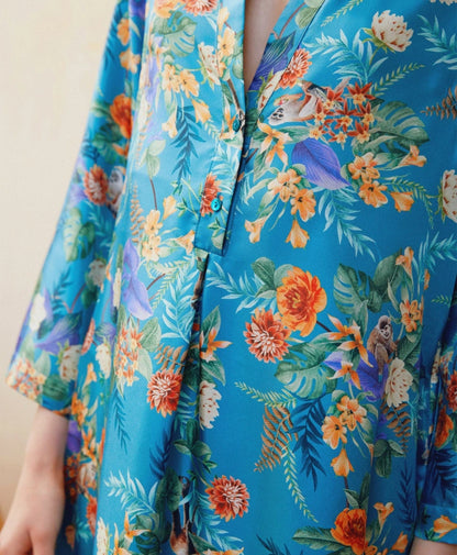 Momoni - Janie Dress In Printed Silk Twill - Blue/Orange