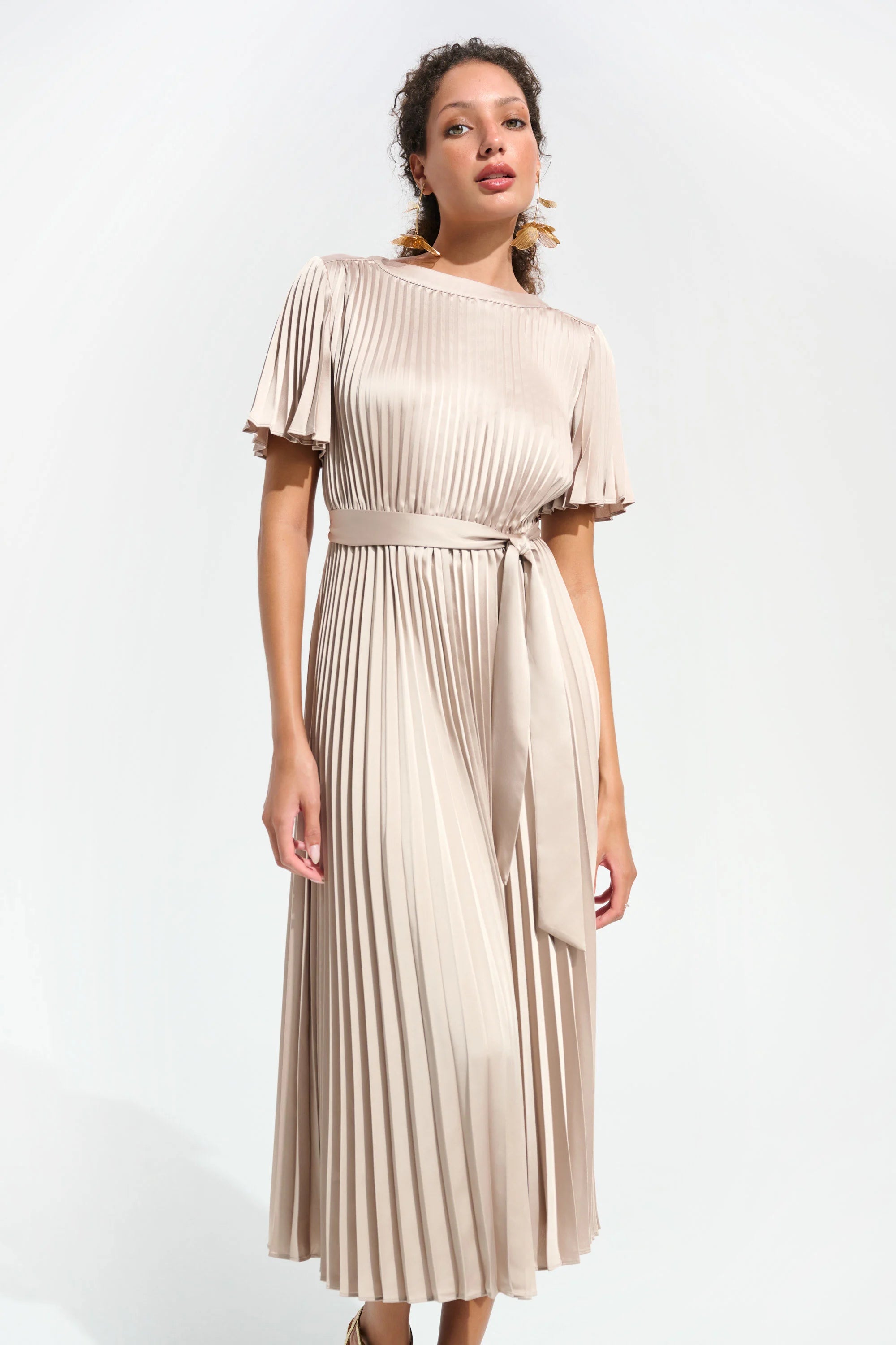 Joseph Ribkoff - Pleated Satin Fit And Flare Dress With Sash Belt