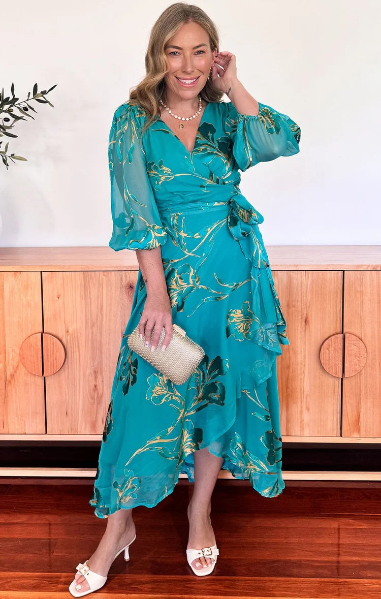 Sacha Drake - Lorelei Wrap Midi Dress / Jade Gold Floral