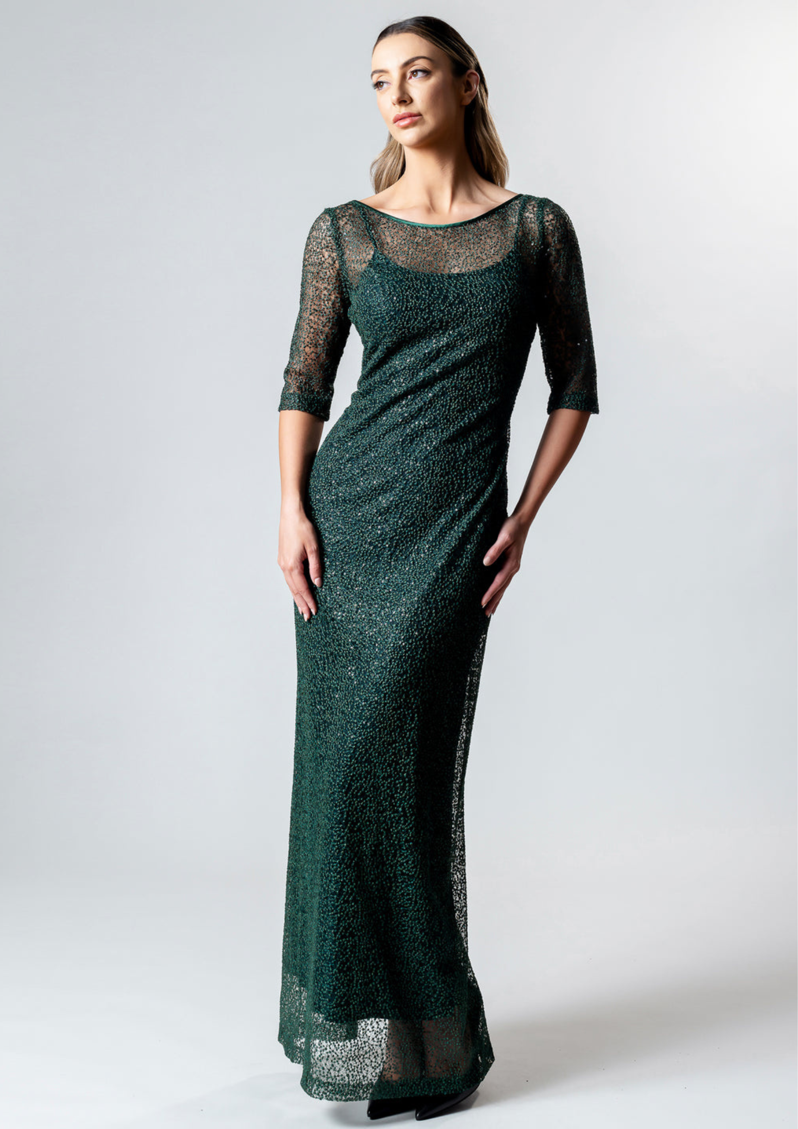 Lisa Barron - Emerald 3/4 Sleeve Evening Gown