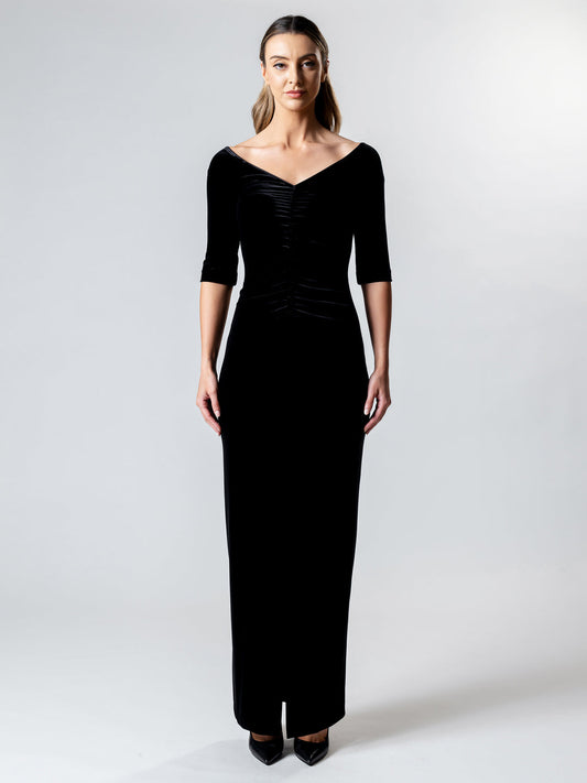 Lisa Barron - Silhouette Gather Front 3/4 Sleeve Gown | Black
