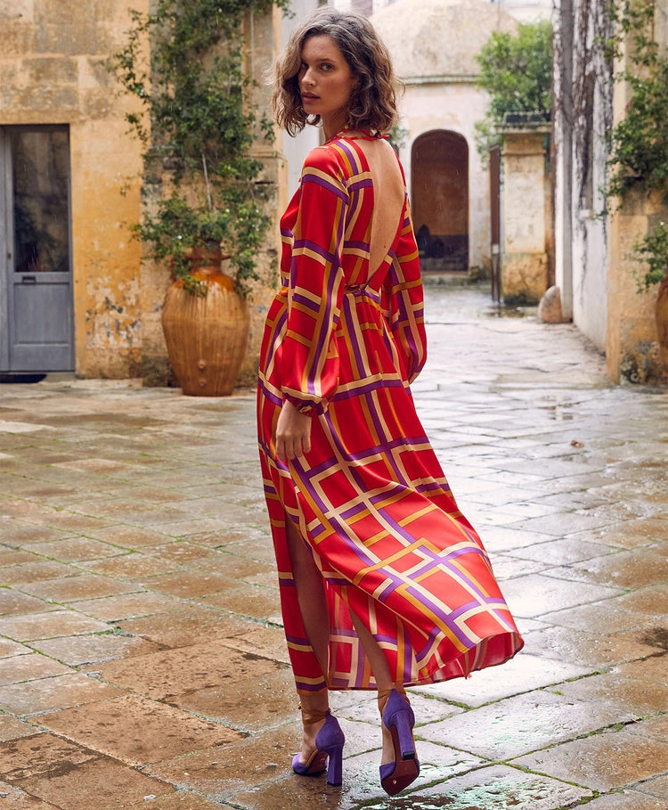 Momoni - Auguste Dress in Printed Stretch Satin Red/Purple