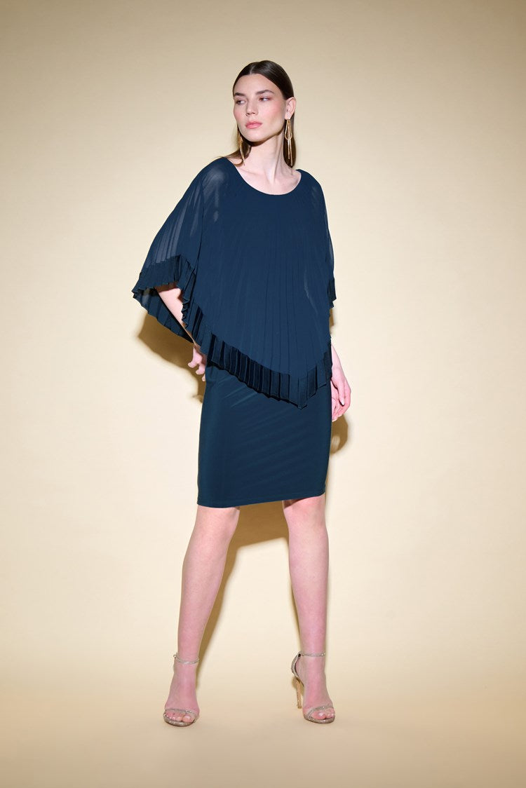 Joseph Ribkoff - Silky Knit Sheath Dress With Chiffon Pleated Overlay in Midnight Blue | 234705