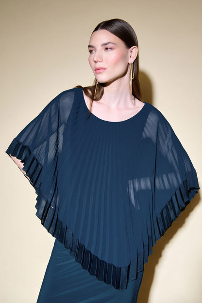 Joseph Ribkoff - Silky Knit Sheath Dress With Chiffon Pleated Overlay in Midnight Blue | 234705
