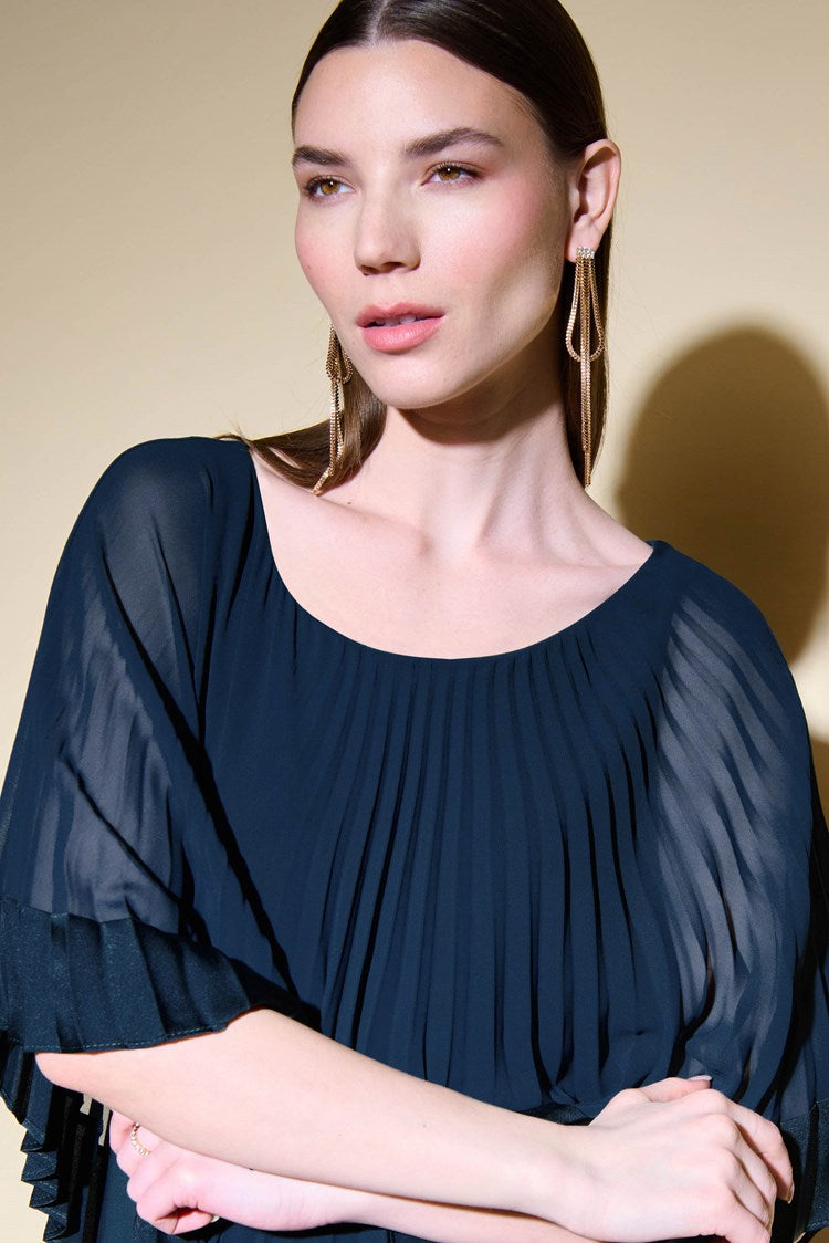 Joseph Ribkoff - Silky Knit Sheath Dress With Chiffon Pleated Overlay in Midnight Blue | 234705