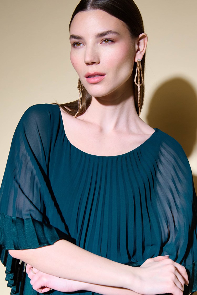 Joseph Ribkoff - Silky Knit Sheath Dress With Chiffon Pleated Overlay in Alpine Green | 234705