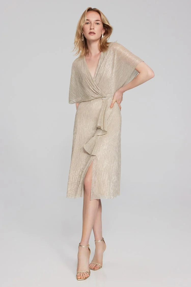 Joseph Ribkoff - Pleated Novelty Fit-and-Flare Dress in Champagne/Gold | 241714
