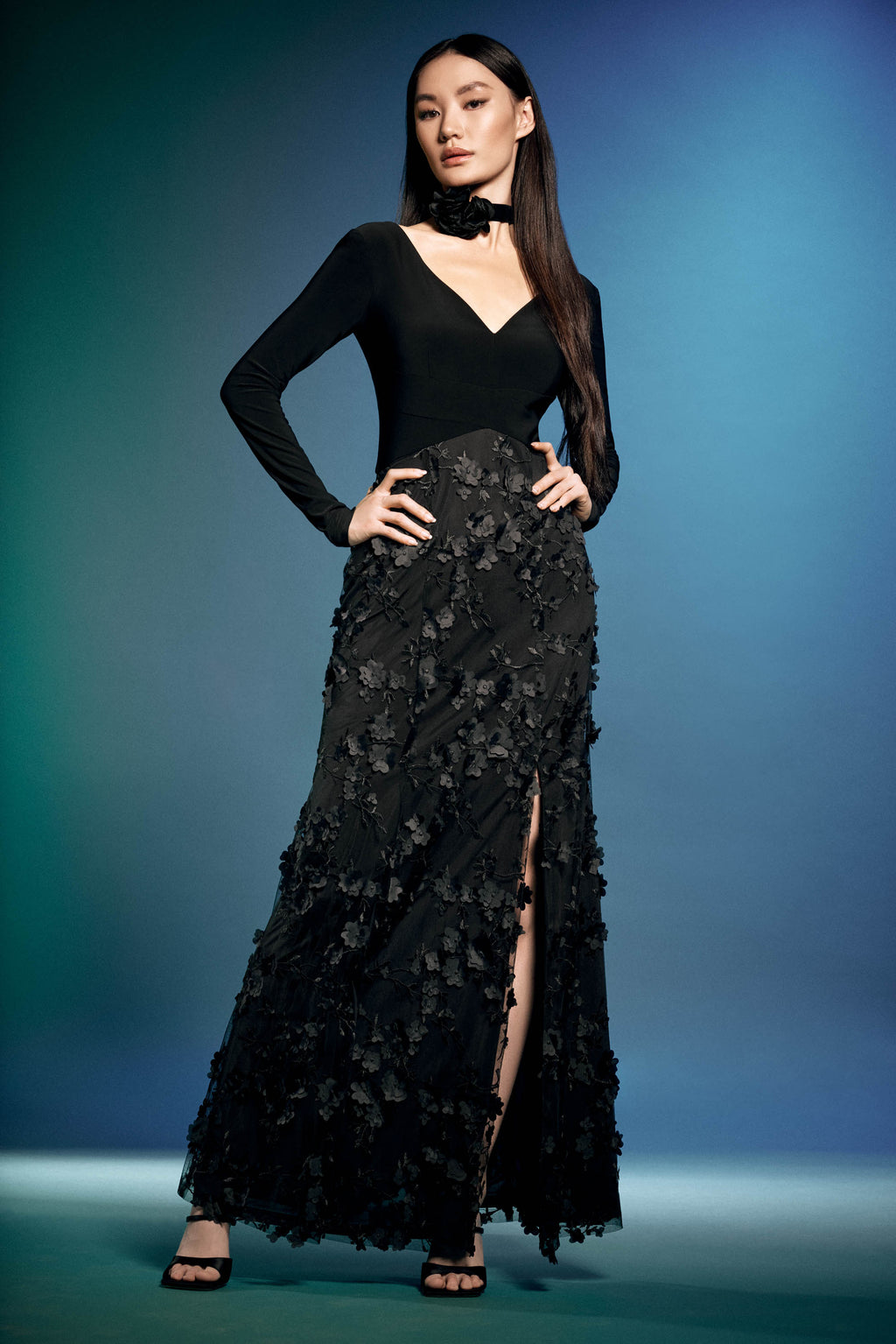 Joseph Ribkoff - Silky Knit With Embroidered Flower Gown Black - 243755