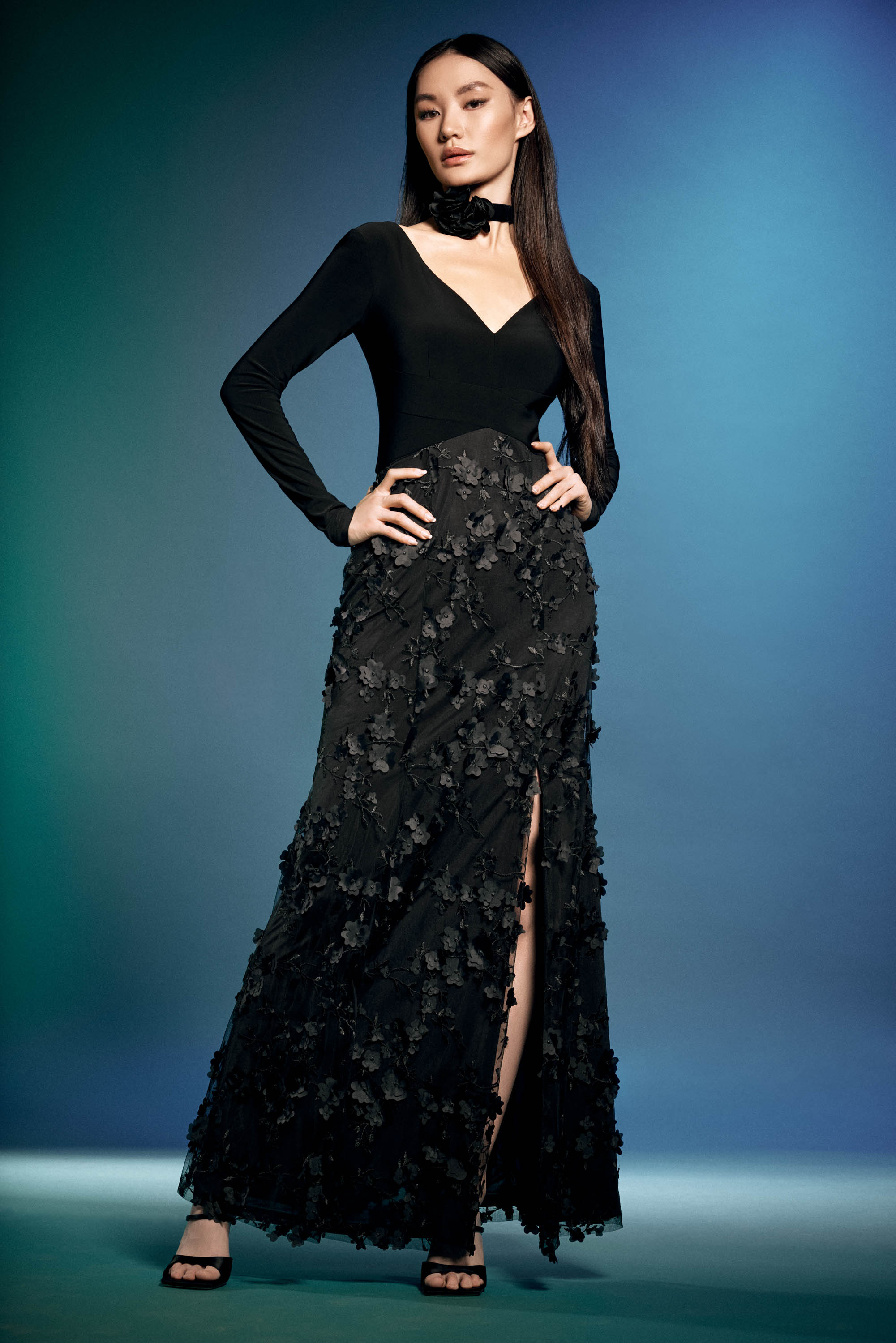 Joseph Ribkoff - Silky Knit With Embroidered Flower Gown Black - 243755