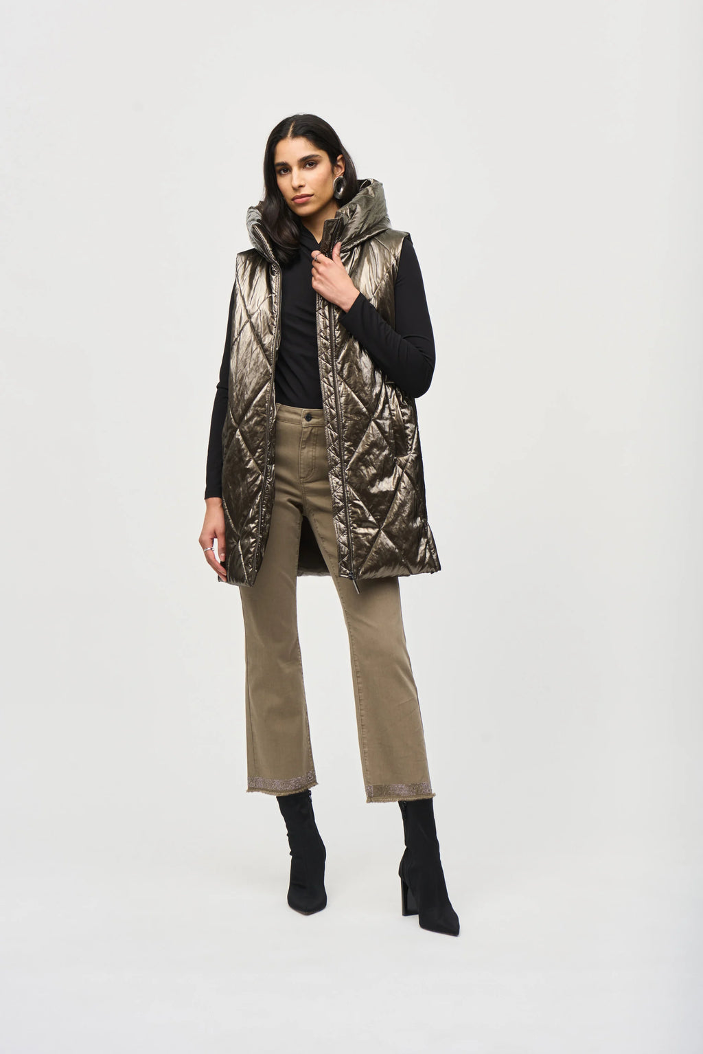 Joseph Ribkoff - Quilted Hooded Puffer Vest Taupe - 243940