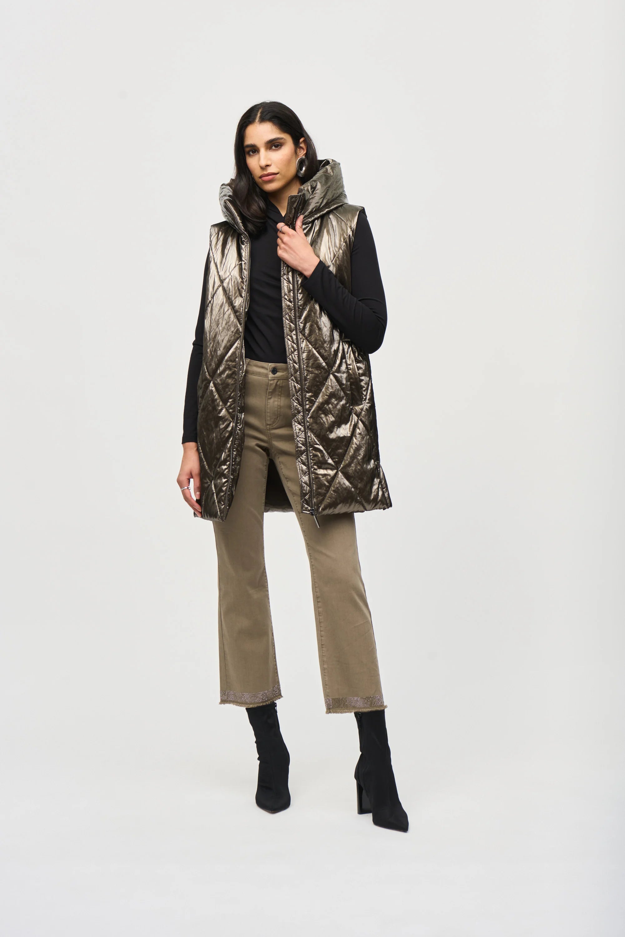 Joseph Ribkoff - Quilted Hooded Puffer Vest Taupe - 243940