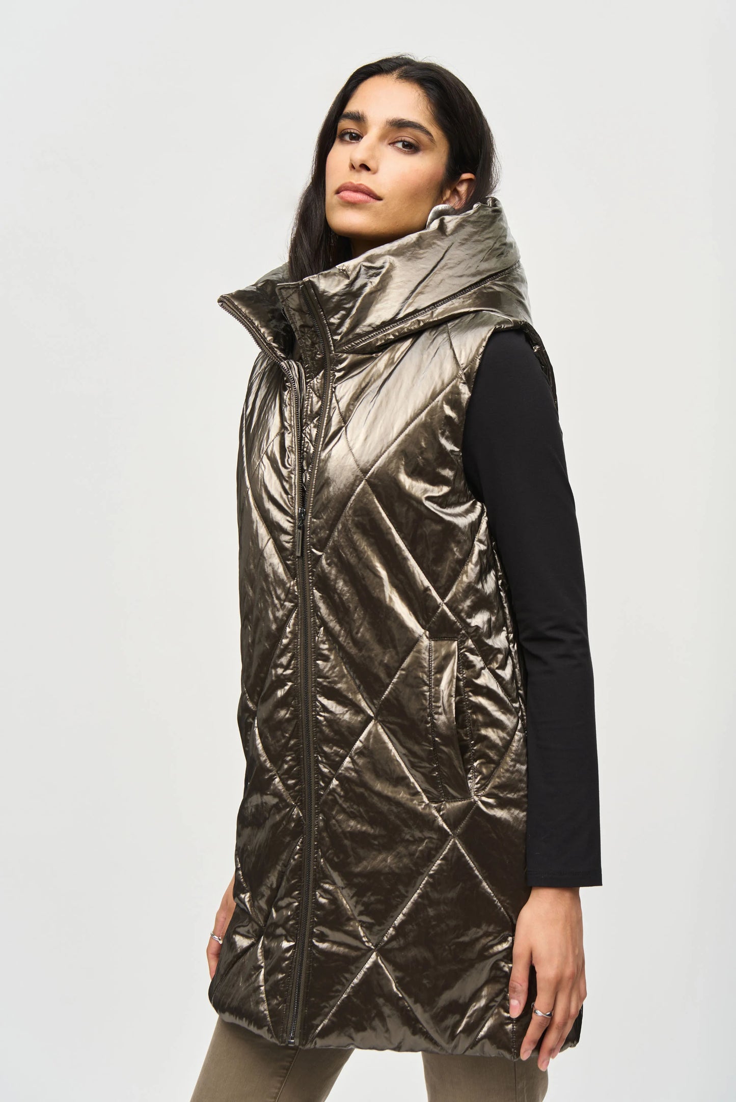 Joseph Ribkoff - Quilted Hooded Puffer Vest Taupe - 243940