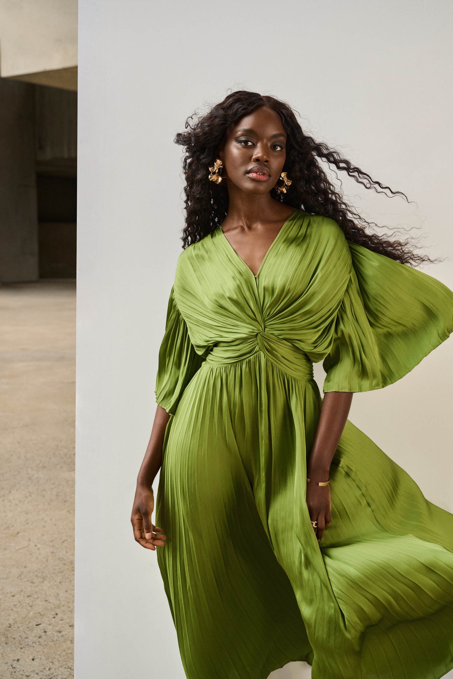 Joseph Ribkoff - Pleated Satin Midi Dress in Greenery 251903