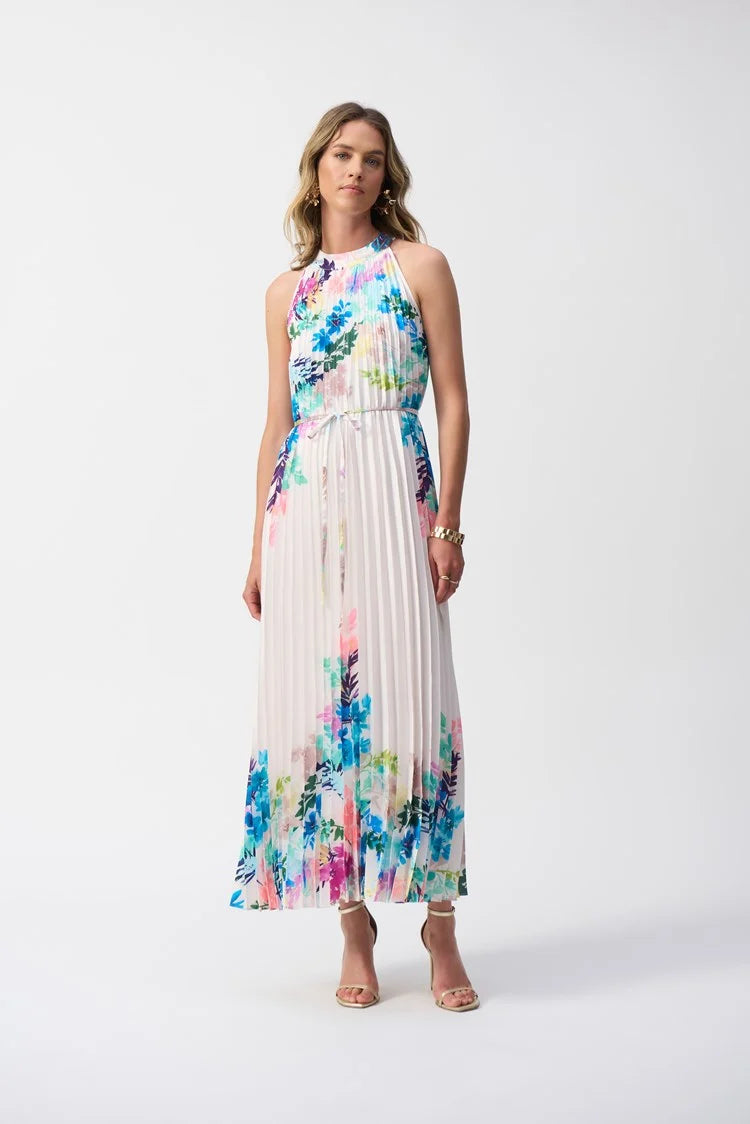 Joseph Ribkoff - Pleated Satin Floral Print Maxi Dress - 251904