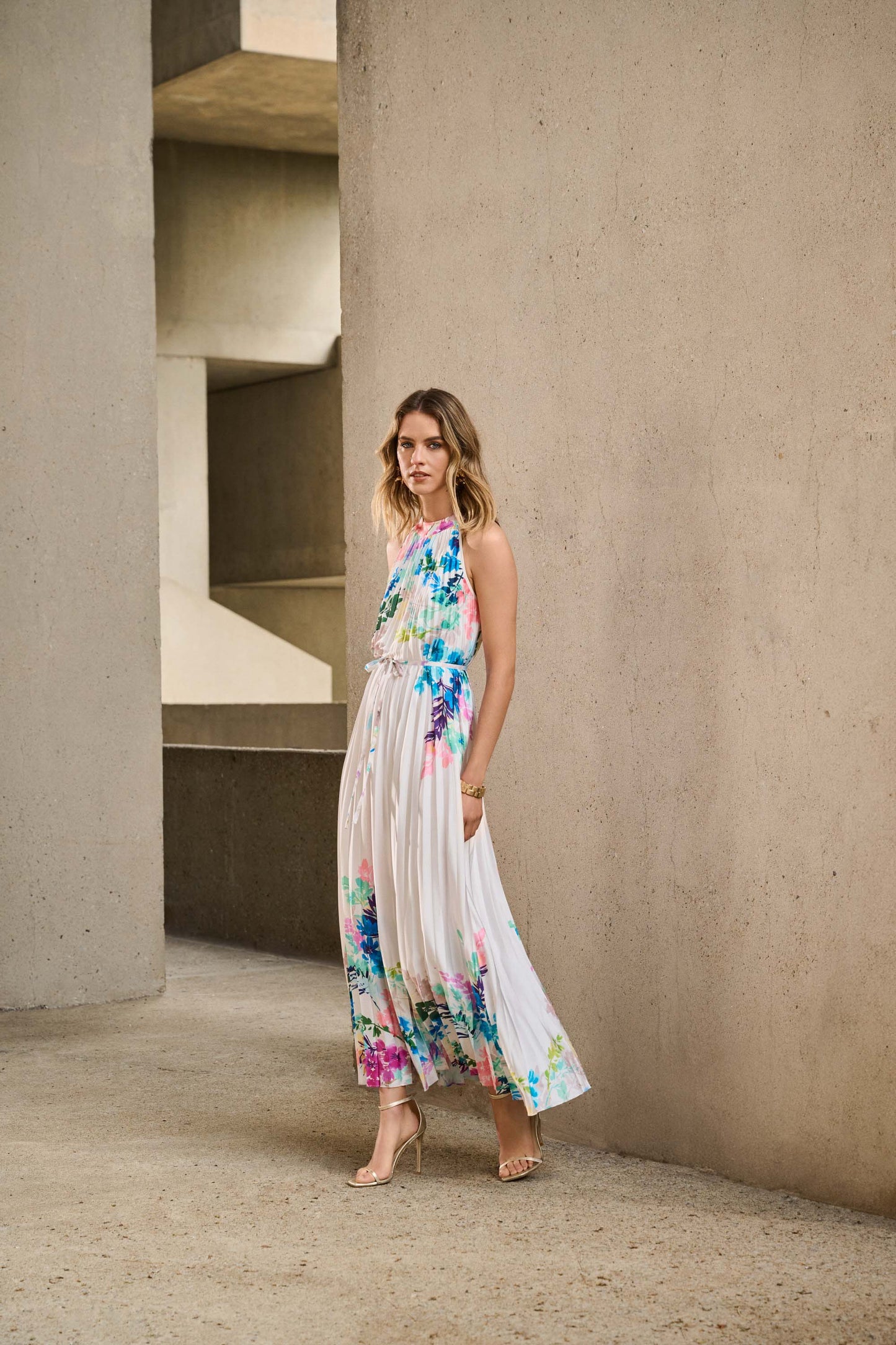 Joseph Ribkoff - Pleated Satin Floral Print Maxi Dress - 251904