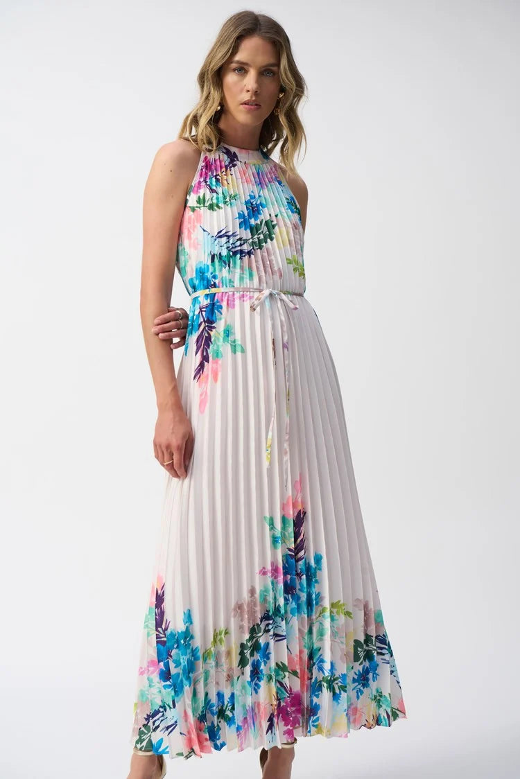 Joseph Ribkoff - Pleated Satin Floral Print Maxi Dress - 251904