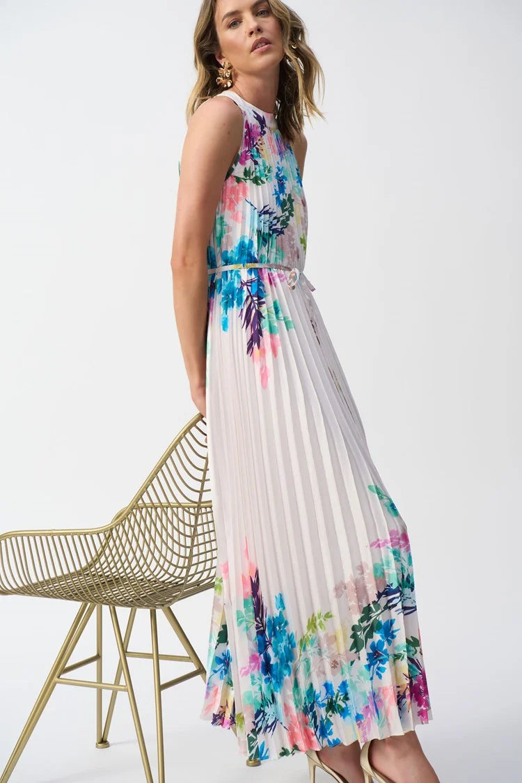 Joseph Ribkoff - Pleated Satin Floral Print Maxi Dress - 251904