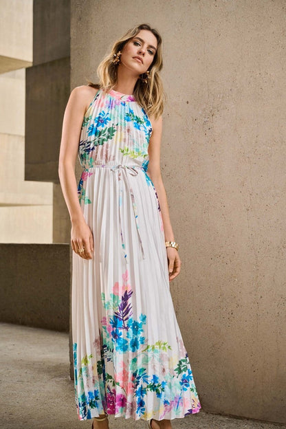 Joseph Ribkoff - Pleated Satin Floral Print Maxi Dress - 251904