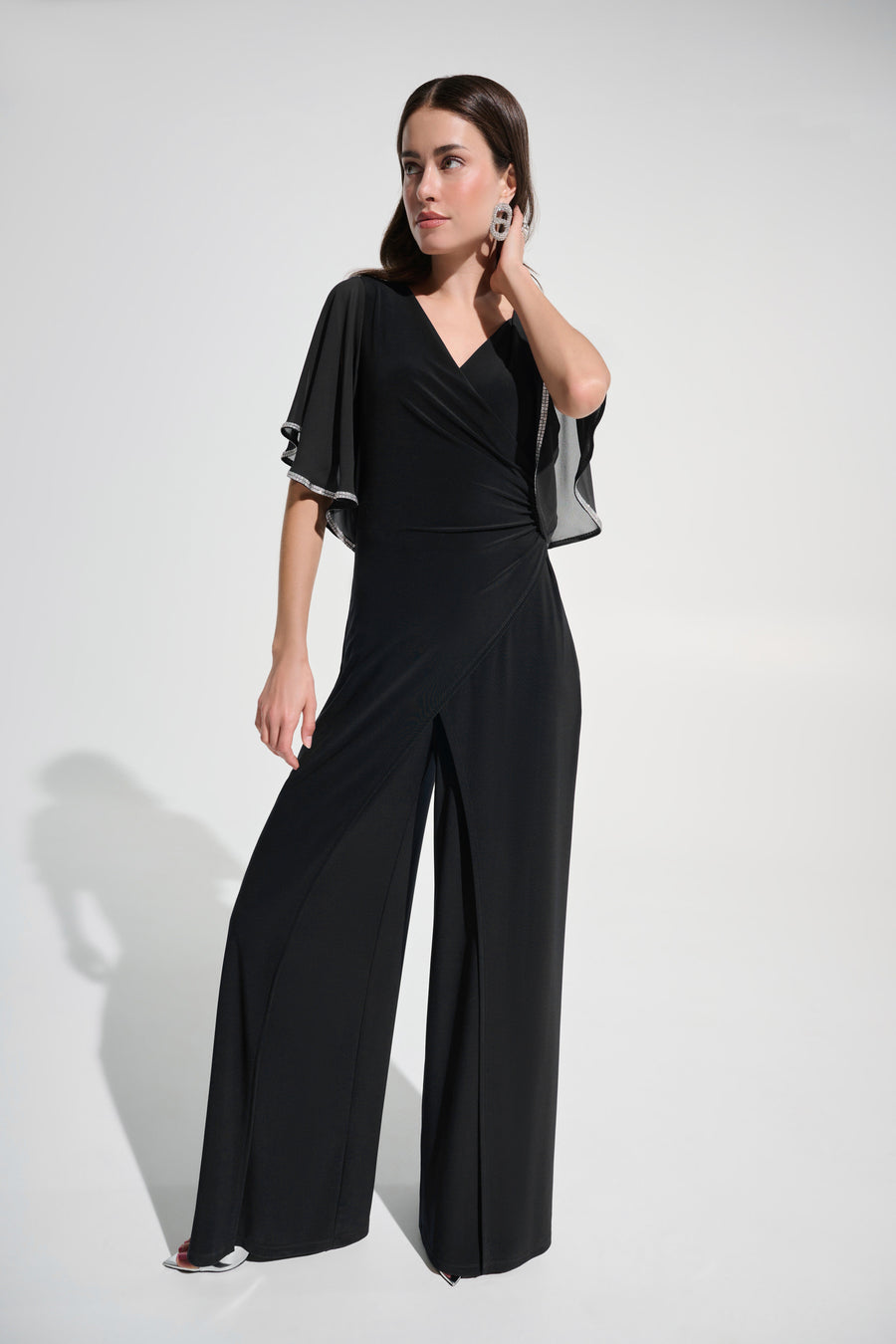 Joseph Ribkoff - Silky Knit Wrap Wide Leg Jumpsuit With Rhinestone Trim Black