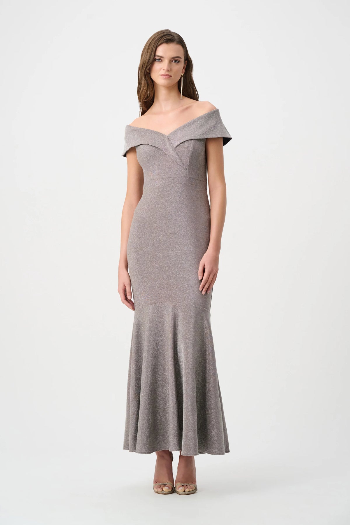 Joseph Ribkoff - Sparkle Knit Off-Shoulder Trumpet Dress in Taupe 263728