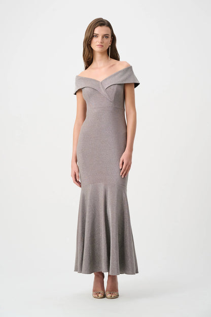 Joseph Ribkoff - Sparkle Knit Off-Shoulder Trumpet Dress in Taupe 263728
