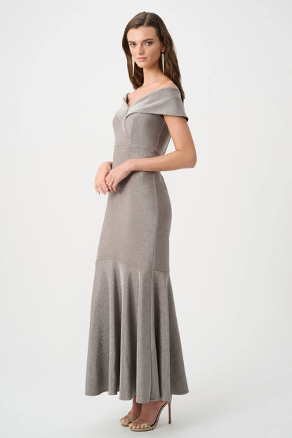Joseph Ribkoff - Sparkle Knit Off-Shoulder Trumpet Dress in Taupe 263728