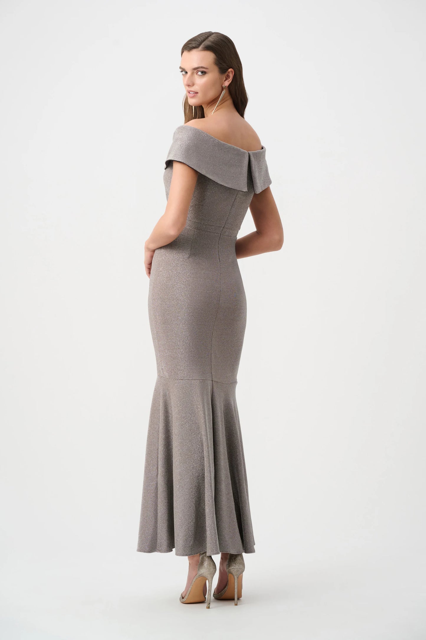 Joseph Ribkoff - Sparkle Knit Off-Shoulder Trumpet Dress in Taupe 263728