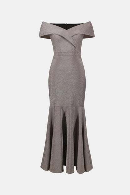 Joseph Ribkoff - Sparkle Knit Off-Shoulder Trumpet Dress in Taupe 263728