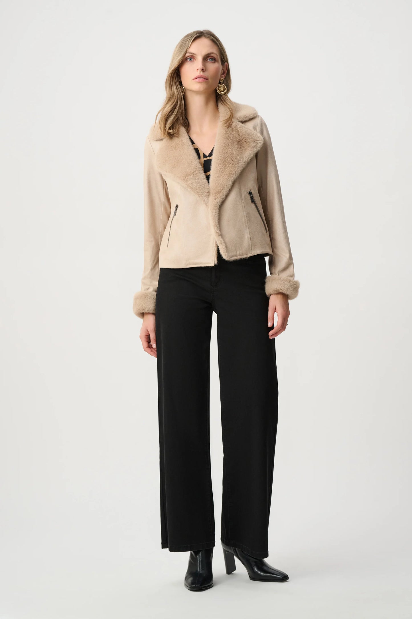 Joseph Ribkoff - Foiled Faux Suede Jacket With Faux Fur Collar in Soft Taupe