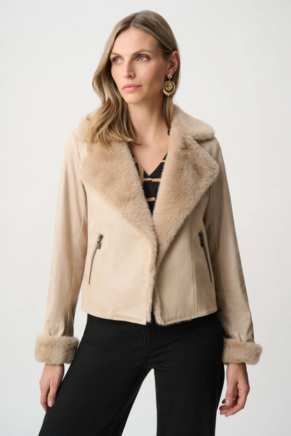 Joseph Ribkoff - Foiled Faux Suede Jacket With Faux Fur Collar in Soft Taupe