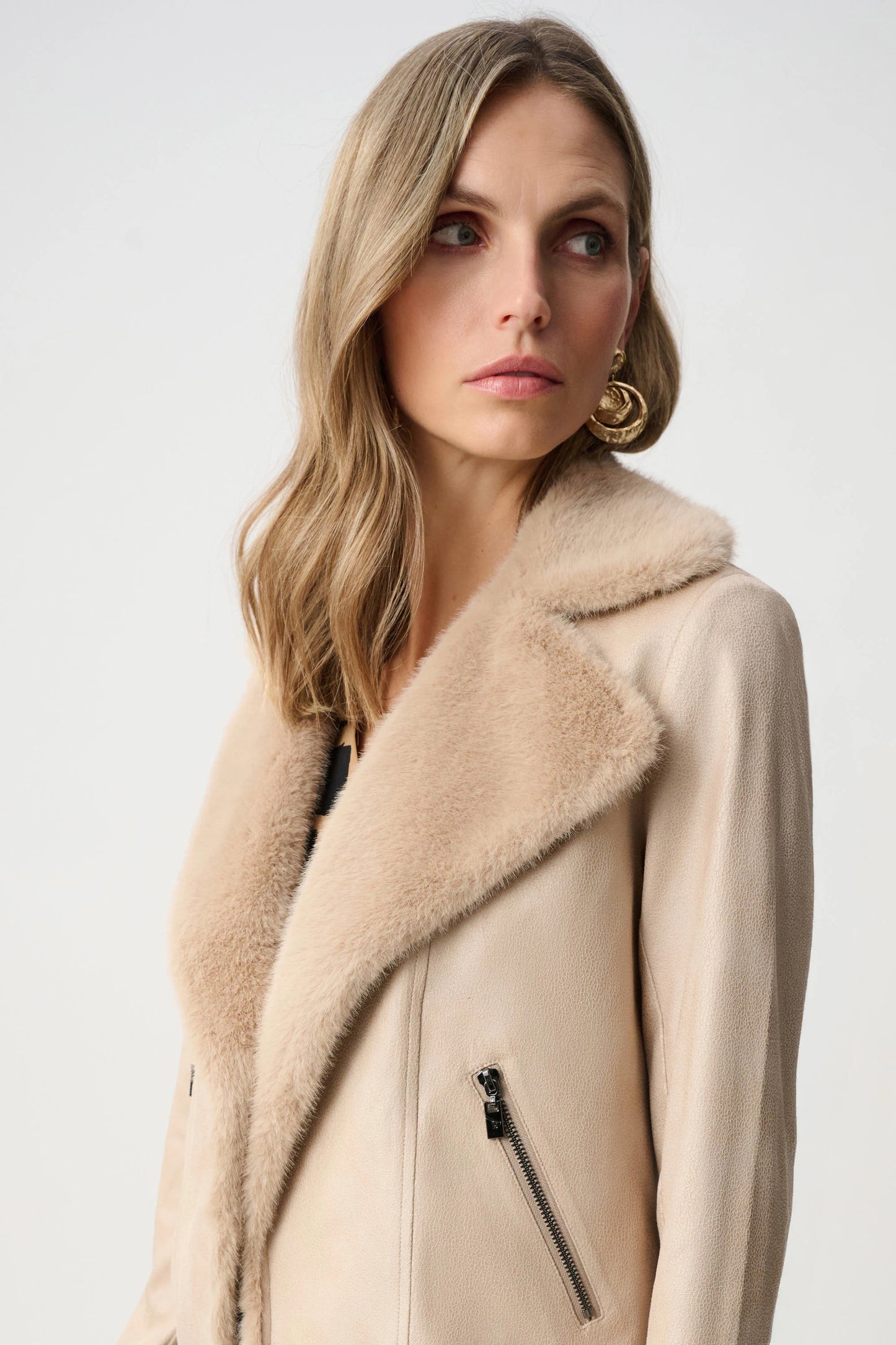 Joseph Ribkoff - Foiled Faux Suede Jacket With Faux Fur Collar in Soft Taupe
