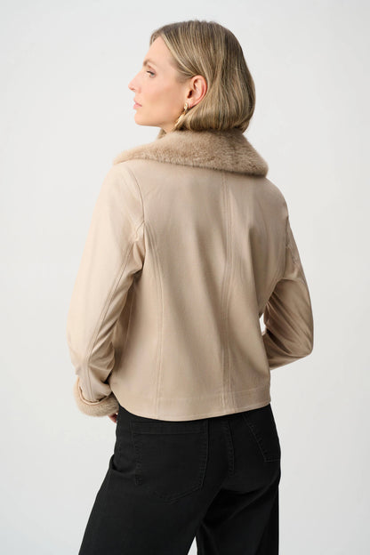 Joseph Ribkoff - Foiled Faux Suede Jacket With Faux Fur Collar in Soft Taupe
