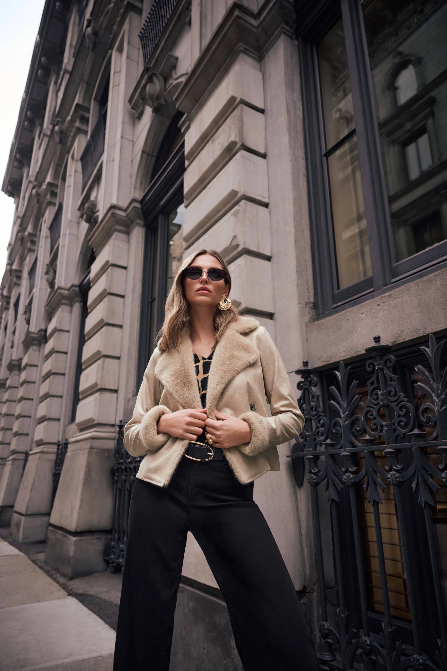 Joseph Ribkoff - Foiled Faux Suede Jacket With Faux Fur Collar in Soft Taupe