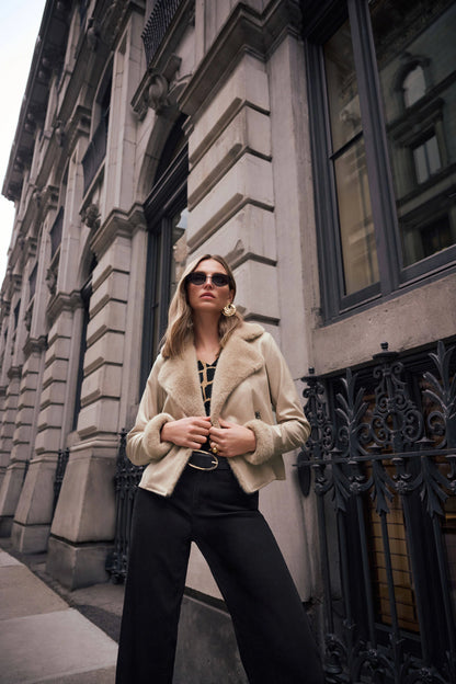 Joseph Ribkoff - Foiled Faux Suede Jacket With Faux Fur Collar in Soft Taupe