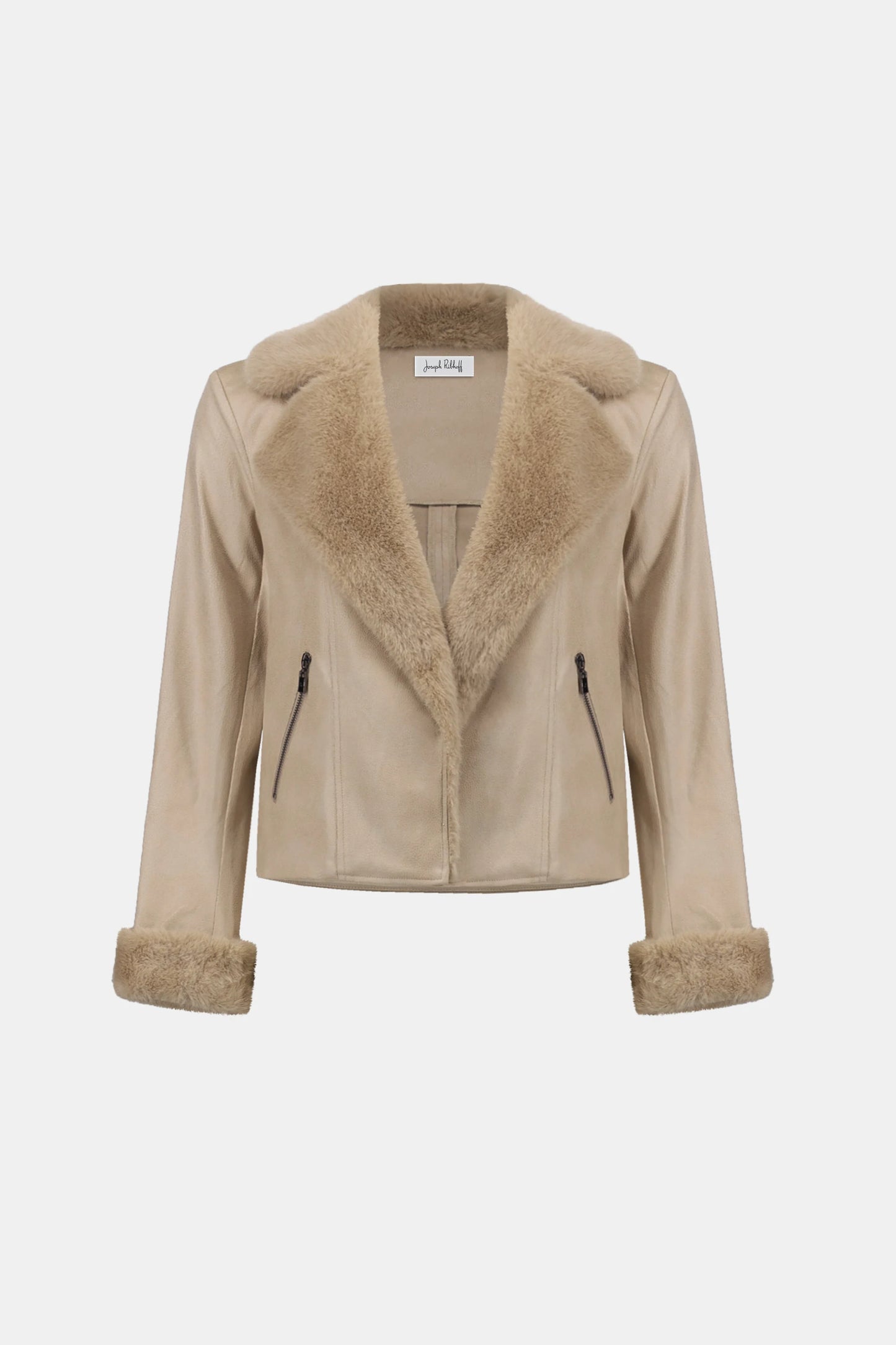Joseph Ribkoff - Foiled Faux Suede Jacket With Faux Fur Collar in Soft Taupe