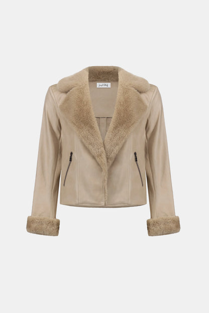 Joseph Ribkoff - Foiled Faux Suede Jacket With Faux Fur Collar in Soft Taupe