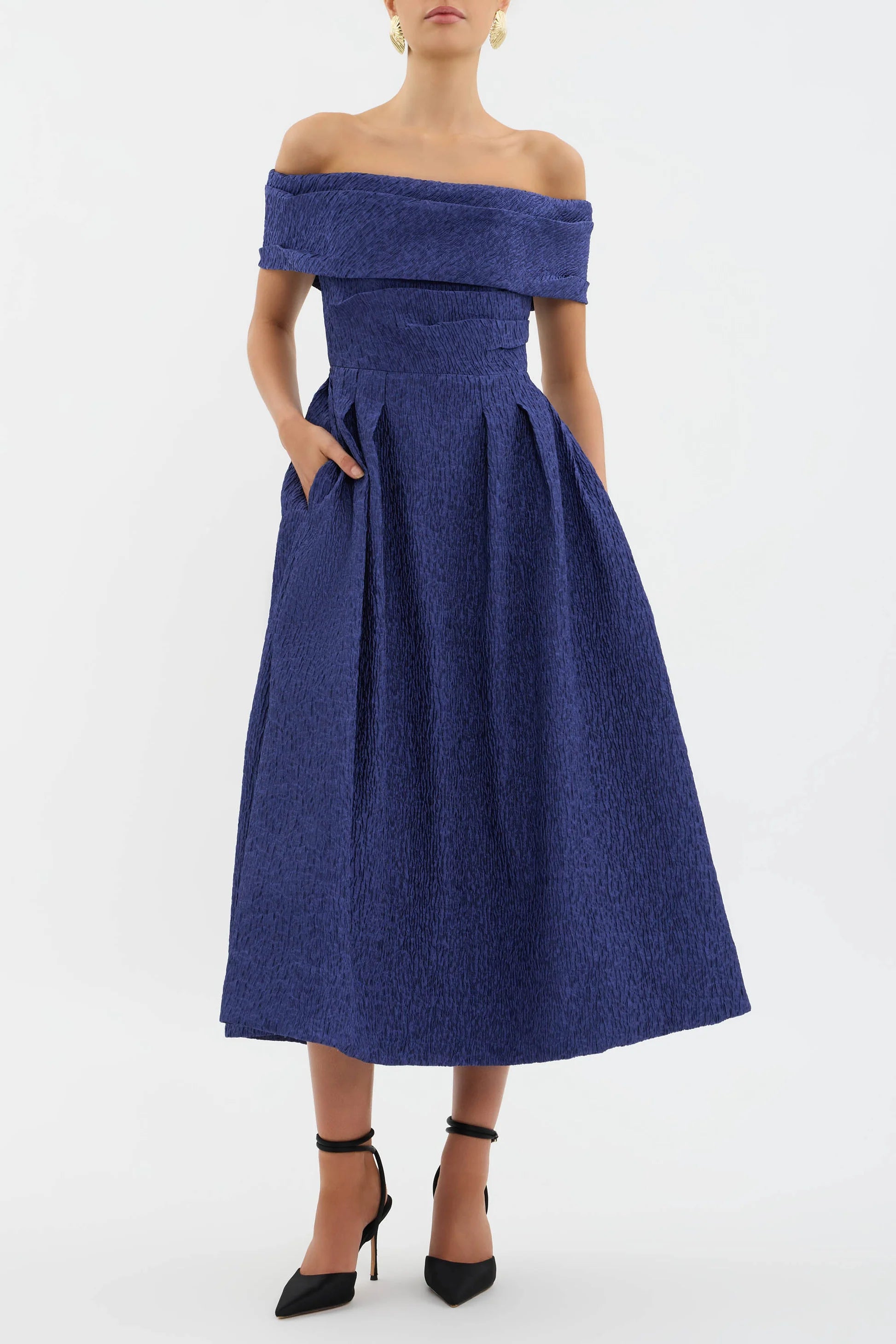 Rebecca Vallance - Helene off Shoulder Midi Dress in Blue