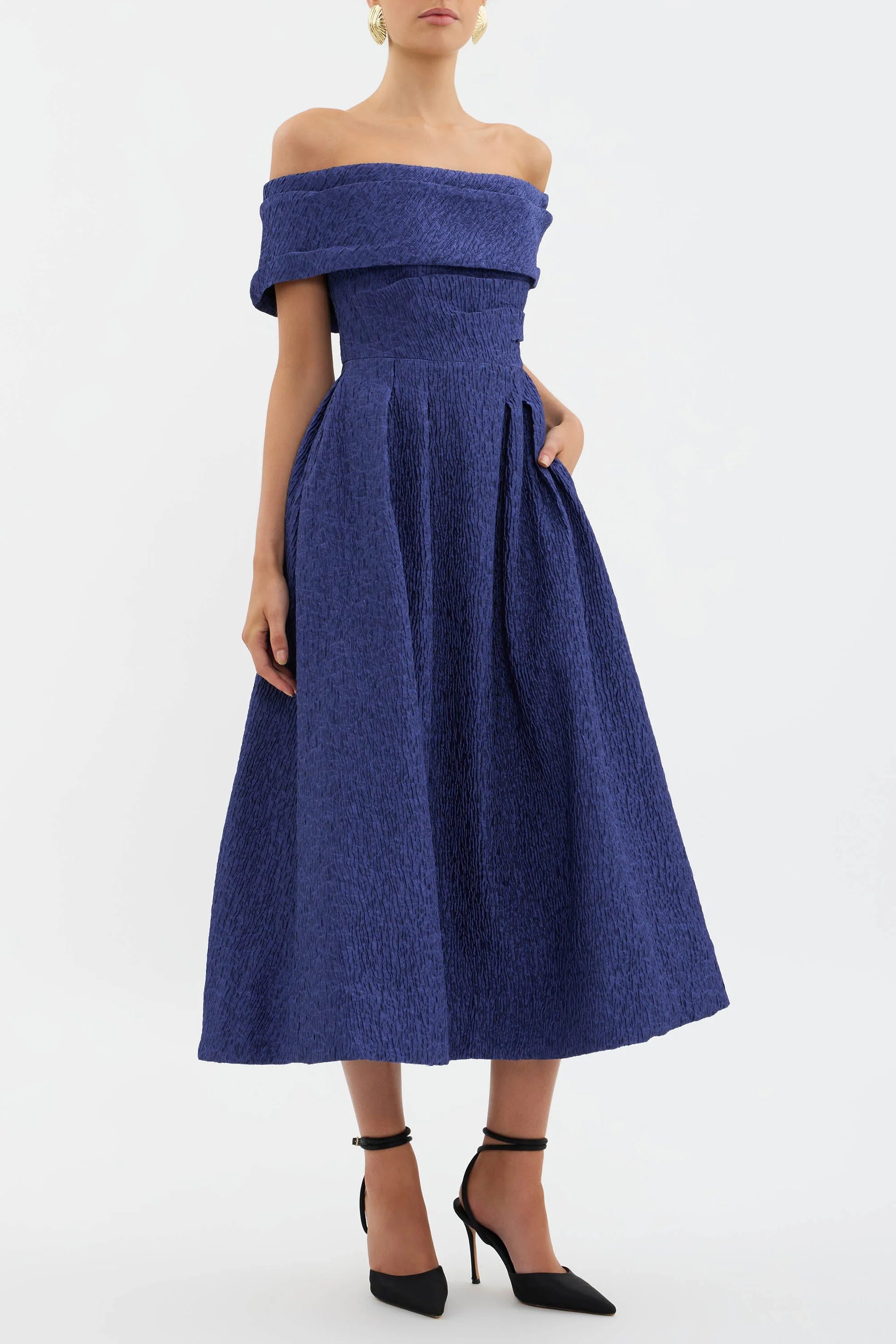 Rebecca Vallance - Helene off Shoulder Midi Dress in Blue