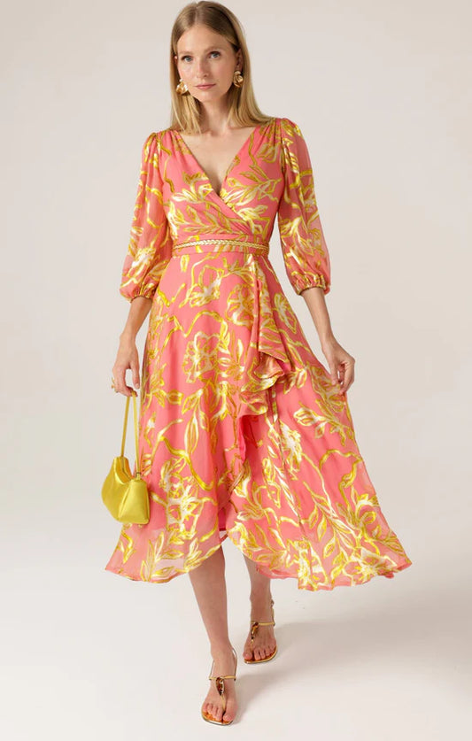 Sacha Drake - Peach Faced Wrap Dress - Peach Gold Flower