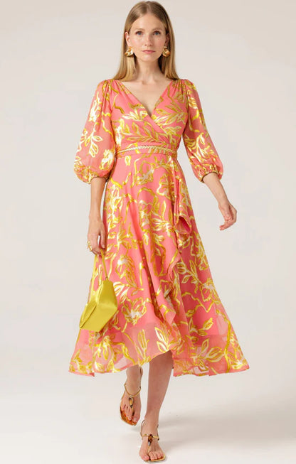 Sacha Drake - Peach Faced Wrap Dress - Peach Gold Flower