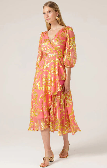 Sacha Drake - Peach Faced Wrap Dress - Peach Gold Flower