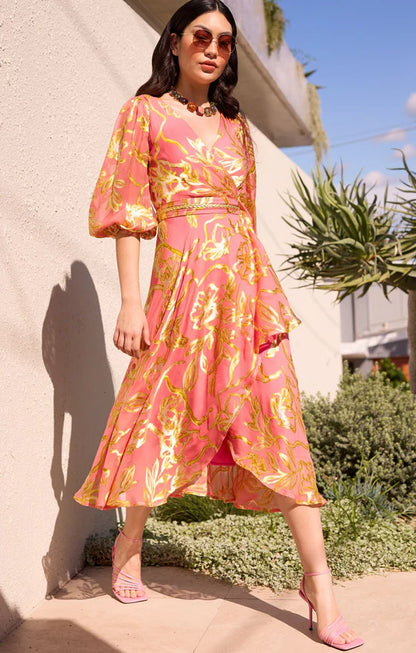 Sacha Drake - Peach Faced Wrap Dress - Peach Gold Flower