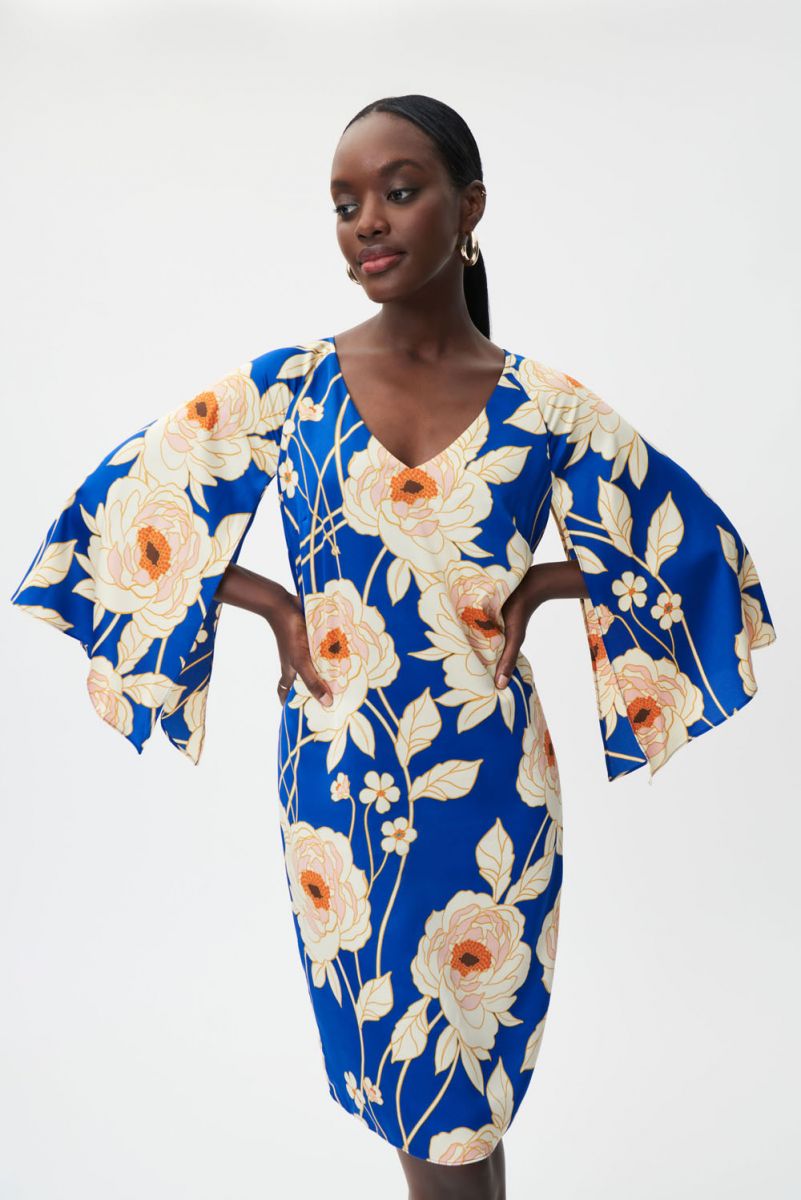 Joseph Ribkoff - Bell Sleeve Satin V-Neck Dress Style 232109