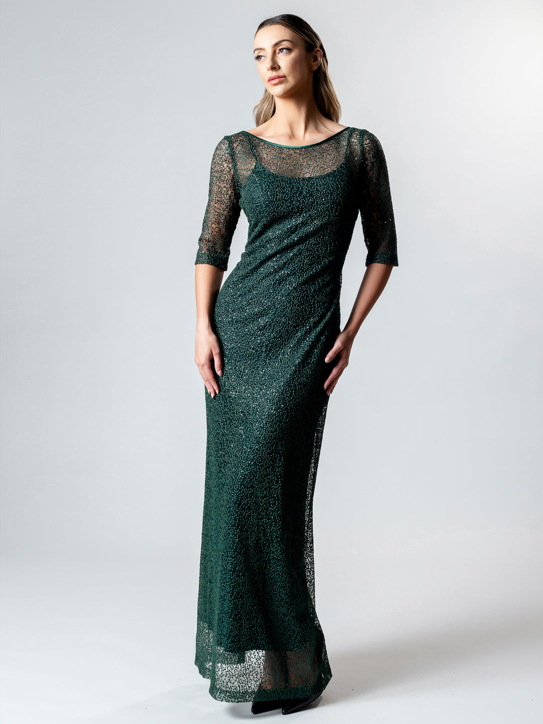 Lisa Barron - Emerald 3/4 Sleeve Evening Gown