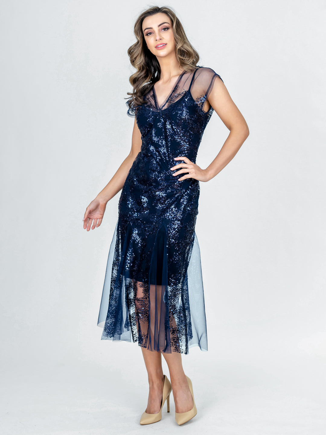 Lisa Barron Nautilas Cap Sleeve Godet Cocktail Dress